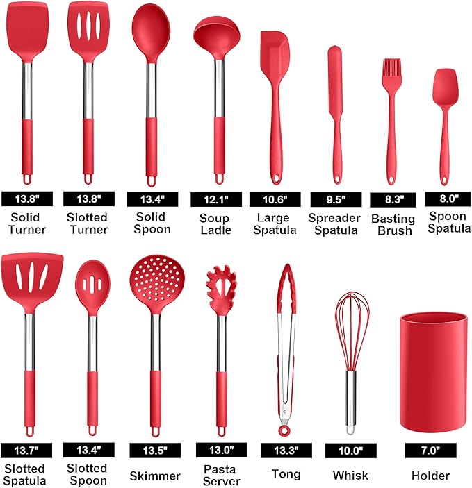 LIANYU 15-Piece Cooking Kitchen Utensils Set with Holder, Silicone Kitchen Tools Stainless Steel Handle, Slotted Spatula Spoon Turner Tong Whisk Brush for Cooking, Red