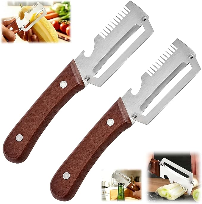 2-Pack Multifunctional Vegetable Peeler, 3 in 1 Kitchen Peeler with Wooden Handle, Grater & Bottle Opener for Potato, Carrot, Apple, Fruit & Vegetable (3 in 1)