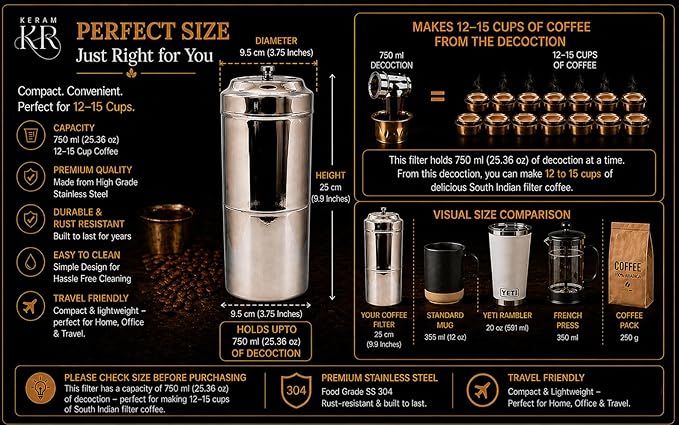KERAM coffee filters indian style big/drip coffee maker/south indian-750 ml(25.36 Oz) 12-15 cup-coffee bar accessories-madras coffee filter for camping-hiking reusable/permanent slow metal filter