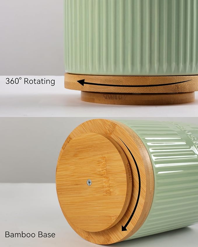 360° Rotating Utensil Holder, 7.6" Large Ceramic Kitchen Utensil Holder for Countertop with Rotatable Bamboo Base, Stable Cooking Utensil Crock, Farmhouse kitchen Decor, Green