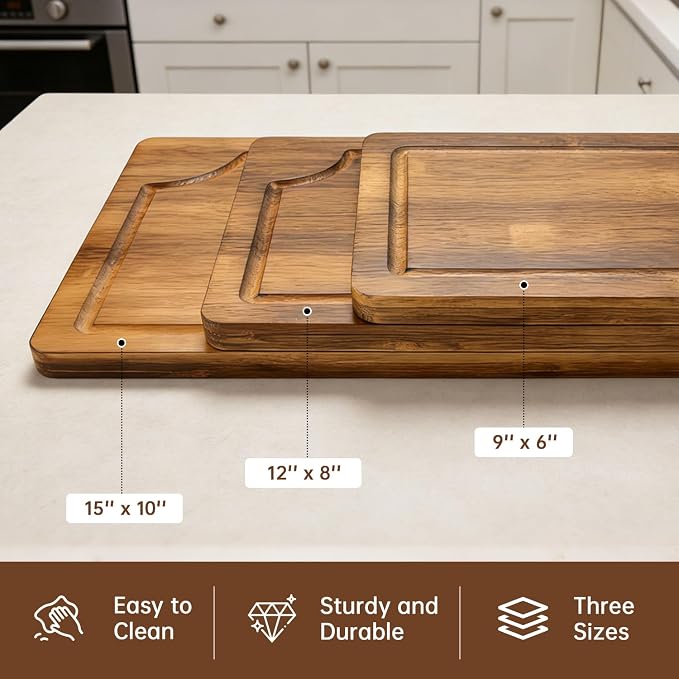 3 Pack Bamboo Cutting Boards Set for Kitchen, Chopping Boards with Deep Juice Groove, Thick Wooden Cutting Board for Meat, Vegetables & BBQ Prep