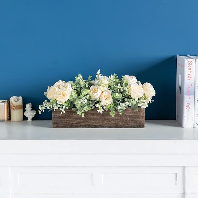 Dahey Centerpiece Table Decorations for Dining Room Farmhouse Table Centerpieces Decor Wood Tray with 3 Artificial Flowers and 2 Eucalyptus for Living Room Kitchen Table, 14.1" x 4.7" x 3.1"