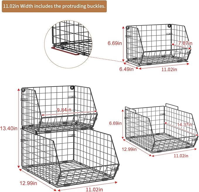 2-Tier Stackable Wire Baskets for Counter, Potato and Onion Storage Bin, Fruit and Vegetable Storage Bins with Ventilated Mesh，Kitchen Pantry Organizer - Wall Basket for Produce/Snack/Can, Black