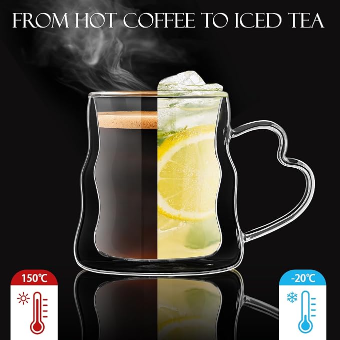 Joeyan 16.9oz Double Wall Glass Coffee Mugs Set of 2, Wave Clear Coffee Mug with Heart Handle, Large Latte Cappuccino Tea Espresso Cup, Heat Resistant Insulated Drinking Glassware for Hot Cold Drinks