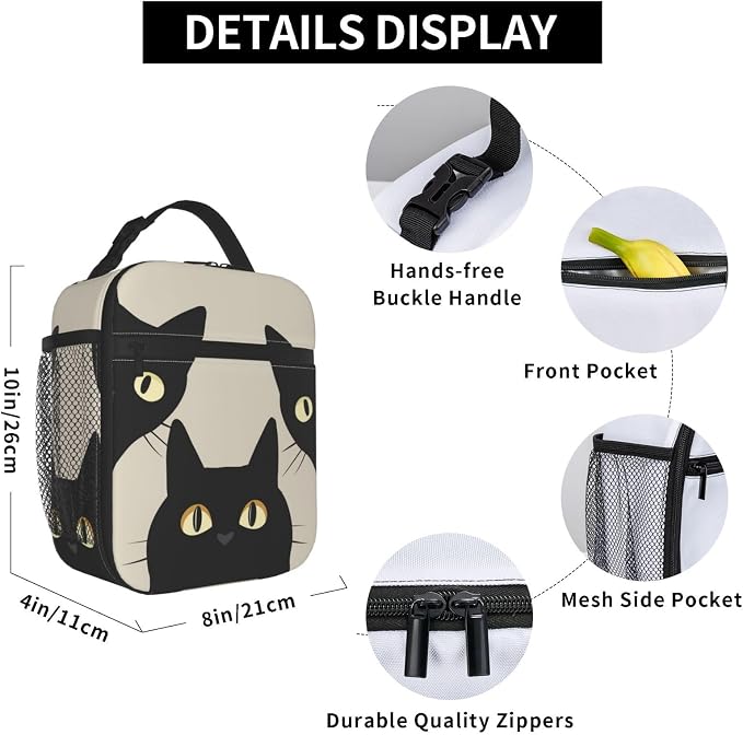Black Cat Lunch Box for Adults Women Girls Boys Kids Funny Cat Lunch Box Insulated Cooler Reusable Lunch Bag Container Gifts for Work Office Picnic Travel School