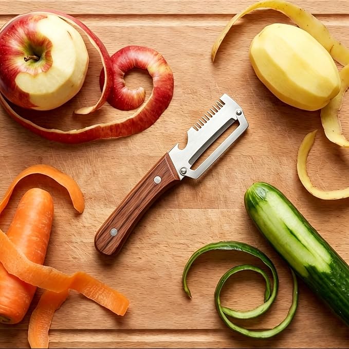 Multi-Functional Vegetable Peeler for Kitchen with Wooden Handle and Bottle Opener, 3 in 1 Stainless Steel Green Onion Slicer Kitchen Tool for Fruit Potato Pumpkin Apple carrot Papaya, Non-Slip Handle