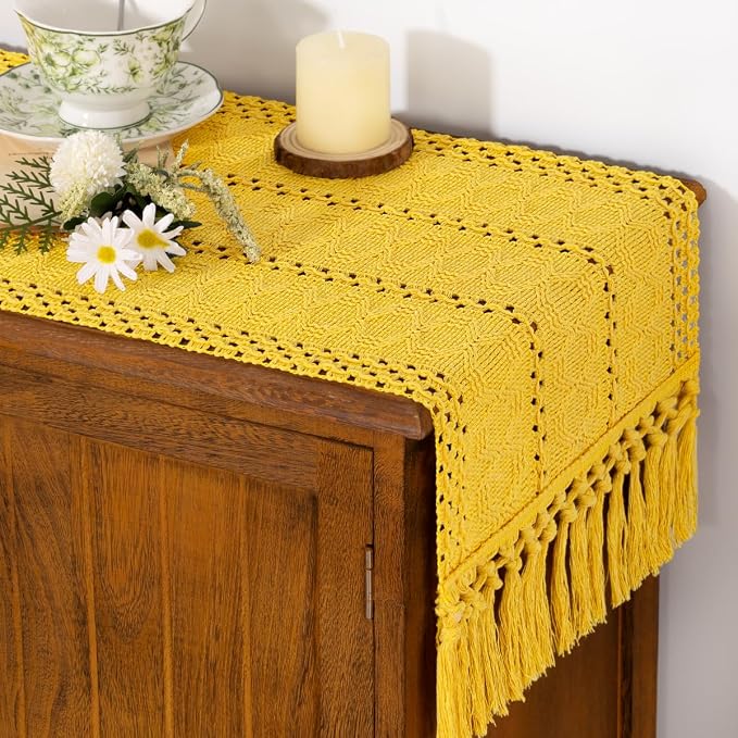 Socomi Boho Table Runner Summer Farmhouse Rustic Dining Kitchen Centerpiece Decor Small Macrame Woven Cotton Linen Coffee Table Runner for Dresser Scarf Home Decor 12x60 in Yellow Gold