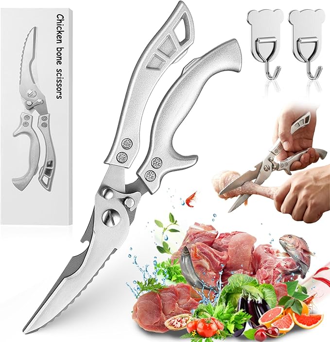 Upgrade Stainless Steel Bone-Cut Kitchen Scissors, Heavy Duty Kitchen Scissors, Professional Poultry Shears with Spring Loaded Handle for Bone, Meat, Chicken, Fish, Turkey, Vegetables (#A)