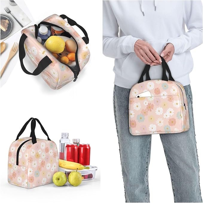 Insulated Lunch Bag Pastel Daisy Flower Pattern, Leakproof Lunch Tote for Work School, Reusable Lunch Box Cooler for Adults Students, Compact Lunch Bag for Office College Picnic