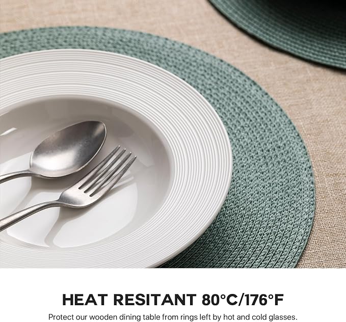 Baroyal Round Placemats Set of 12 Plastic Woven Placemats Washable Wipeable Table Mats for Dining Table Heat Resistant Non-Slip Circle Place Mats (Dusk Green)