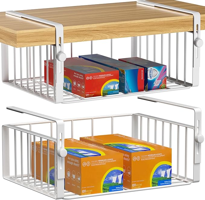 AmonHouseware 2Pack Under Shelf Basket Organizer,Adjustable Hanging Holder Storage for Cabinet Pantry Kitchen Cupboard Desk Counter Bookshelf Organization Add-on Space Saver Heavy Duty Slide-in,White