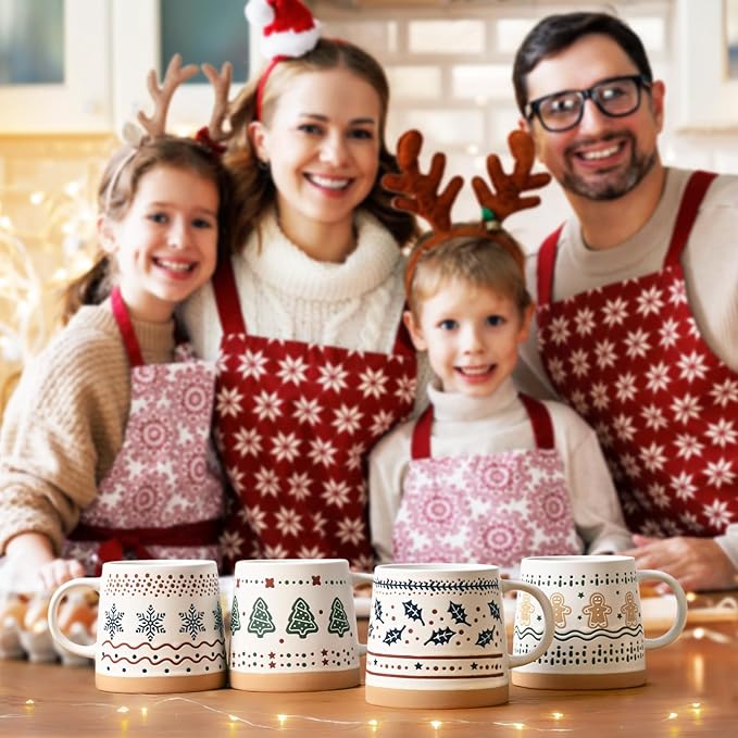 Homlouue Christmas Mugs Set of 4, Merry Christmas Mugs, Holiday Mug, Holiday Coffee Mugs, Xmas Gifts for Friends Family Coworker, 14 Oz