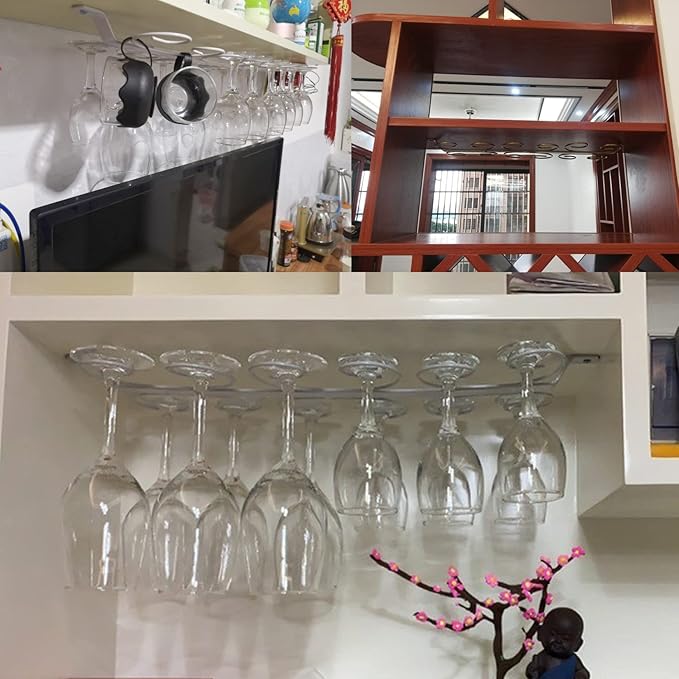 Under Cabinet Wine Glass Holder Iron 12 Hooks, Black Wire Hanging Rack, Storage Hanger Organizer, Space Saving, With 6 Hooks For Multiple Uses, Easy To Install
