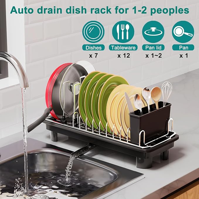 junyuan Compact Dish Drying Rack,Small Dish Rack for Kitchen Counter, Dish Drainer with 360° Rotatable Spout,Plate Rack, Dish Strainer with Cutlery Holder for Pots, Fork & Knives Space Saving
