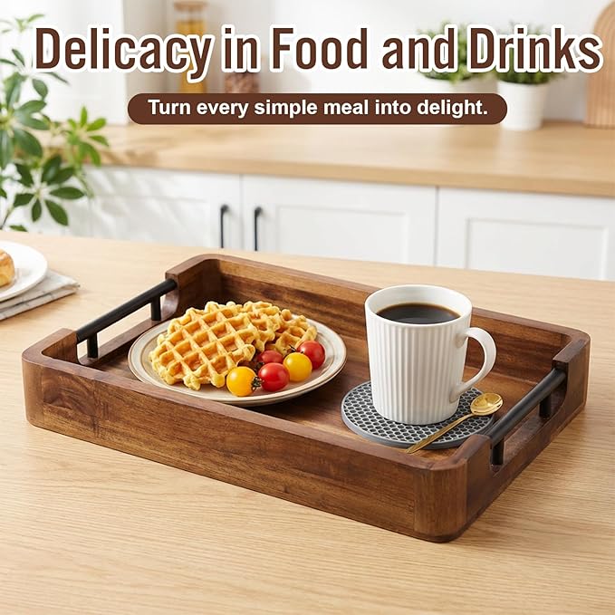 Wood Serving Tray with Handles, 16"x12" Large Acacia Wood Ottoman Tray for Living Room, Rustic Decorative Storage Trays, Decorative Trays for Home Decor, Charcuterie Boards Rectangular Platters