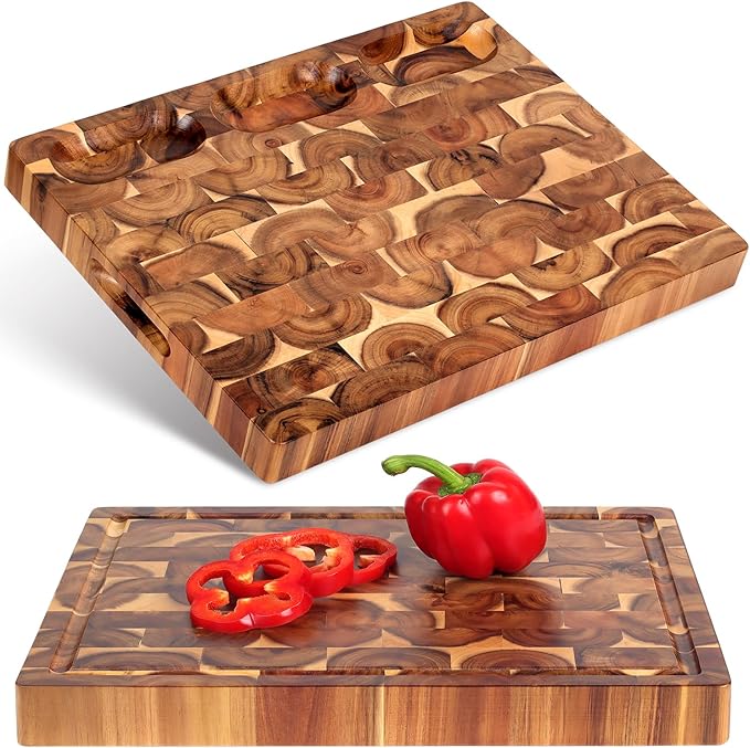 Acacia End Grain Cutting Board (17x13x1.5in), Butcher Block - Reversible Multipurpose Chopping Board with Juice Groove, Cracker Holder & Inner Handles