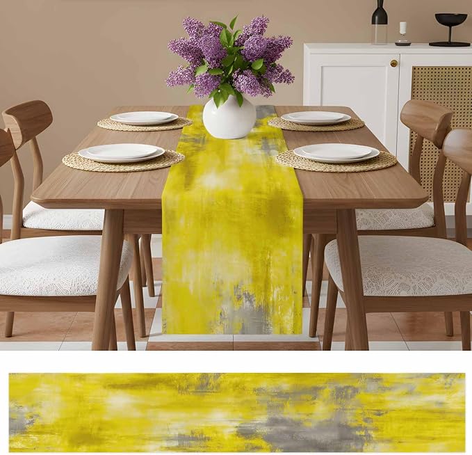 Vintage Yellow Short Table Runners 48 Inches, Cotton Linen Fabric Table Runner Dresser Scarf, Abstract Minimalist Painting Art Watercolor Tablerunner for Party/Kitchen/Dinner/Wedding Decor 13"x48"