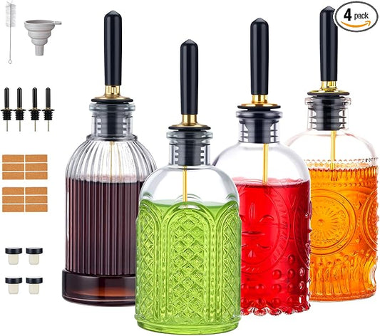Baalaka 4-Pack Coffee Syrup Dispenser, 7 OZ/200ML Honey Dispenser, Small Syrup Bottles with Funnel & Extra Nozzles, Glass Syrup Dispenser for Coffee Shop, Home Kitchen