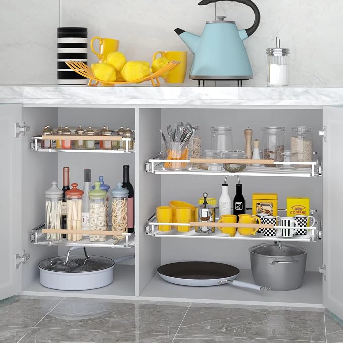 2Pack Pull Out Cabinet Organizer, 12.2~17.9"W x 22.5"D Expandable Pull Out Shelves for Kitchen Cabinets, Heavy Duty Metal Slide Out Pantry Shelves Sliding Shelf for Home Kitchen,Under Sink,Wardrobe