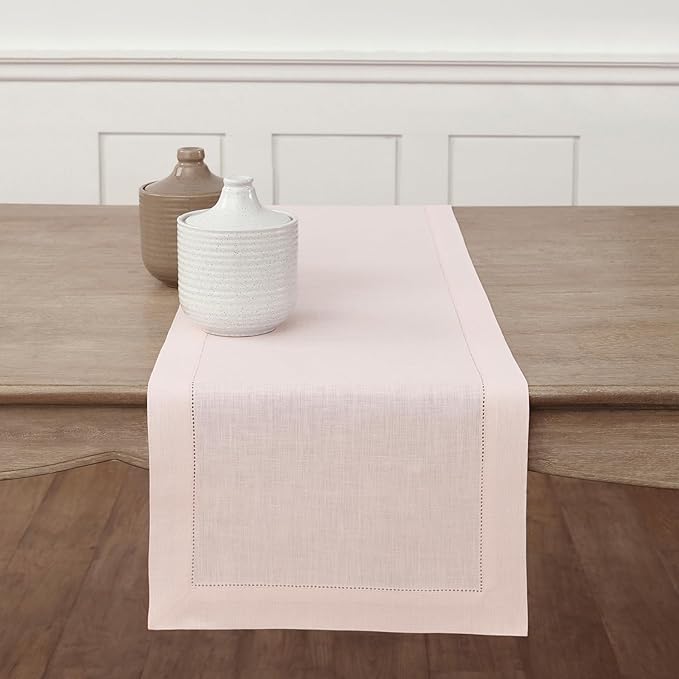 Solino Home Linen Pink Table Runner 120 Inches Long - 100% Pure Linen Hemstitch 14 x 120 Inch Table Runner for Dining, Summer - Classic Hemstitch