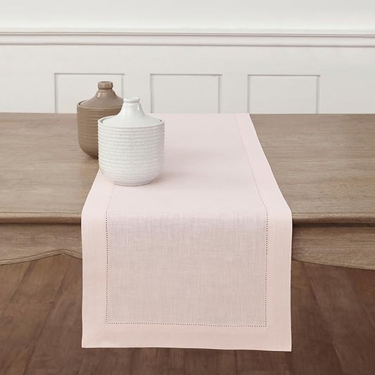 Solino Home Linen Pink Table Runner 120 Inches Long - 100% Pure Linen Hemstitch 14 x 120 Inch Table Runner for Dining, Summer - Classic Hemstitch