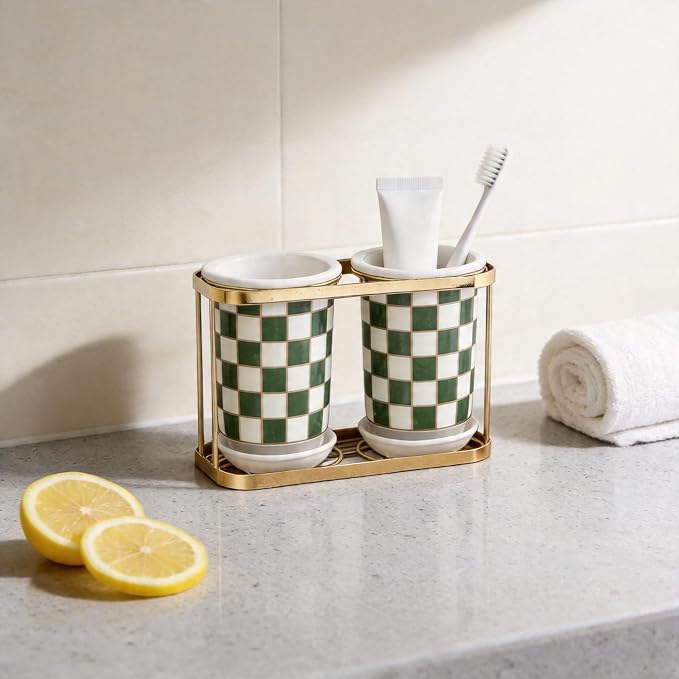 Multi-functional Ceramic Checkered Utensil Crocks,Kitchen Utensil Storage, Bathroom Checkered Bathroom Toothbrush Holder, Flatware Organizer & Home Accessory