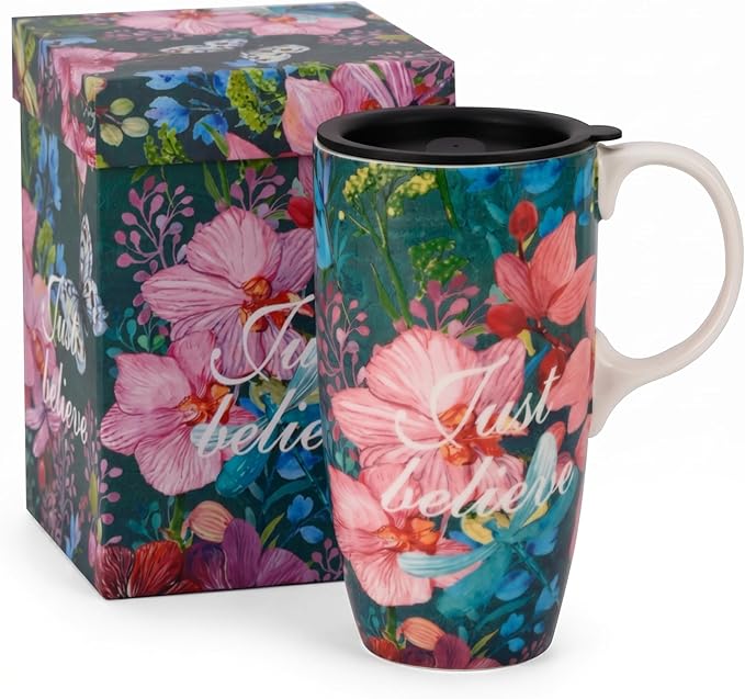 DUSVALLY 17oz Ceramic Coffee Mug with Lid – Splash-Resistant Mug with Handle, Large Coffee Mugs,Just Believe Flowers Tea Cup Set, Cute Coffee Mugs, Microwave Safe Ceramic Mug