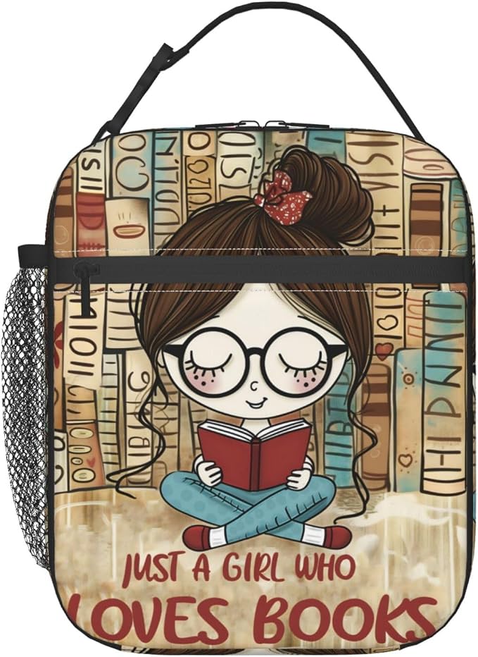 Reusable Just a Girl Who Loves Books Lunch Box for Kids Girls Women Adult, Insulated Book Reader Lover Lunch Bag,Polyester Cooler Handbags Case for School Picnic Work Travel Beach or Hiking