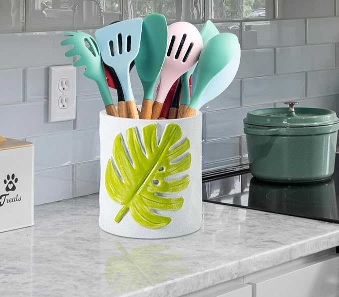 dgudgu Leaf Kitchen Utensil Holder For Countertop White Ceramic Utensil Crock For Counter 3D Green Oak Leaf Design Easy-Grip Textured Kitchen Countertop Organizer For Spoons Spatulas Cooking Tools