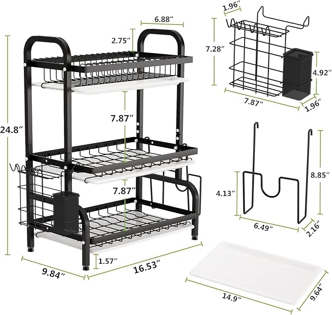 Large Dish Drying Rack Multifunctional 3 Tier Dish Rack with Drain Tray, Dish Drainer for Kitchen Counter with Drainboard/Utensil/Cup Holder Rust Proof Carbon Steel
