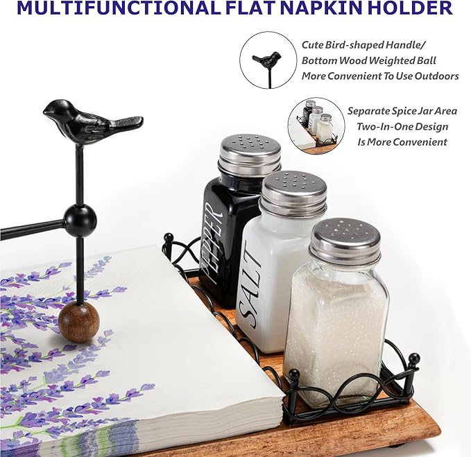 Charming Wooden Napkin Holder with Bird Design – Includes Space for Salt and Pepper Shakers – Multifunctional Black Napkin Holder for Table, Kitchen & Outdoor Use