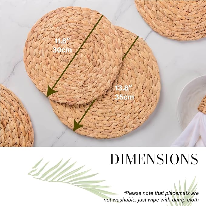 Laquedecraft 11.8" Set of 4 Round Water Hyacinth Placemats | Boho Woven Rattan Table Mats | Farmhouse Wicker Spring Plate Chargers Like Corn Husk, Seagrass for Wedding, Party, Christmas, Events