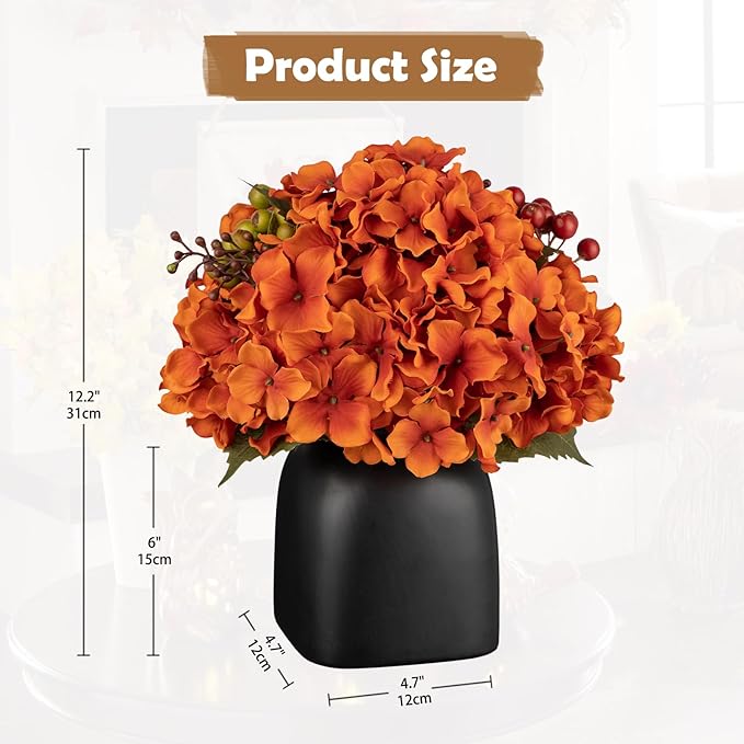Briful Autumn Hydrangea Artificial Flowers in Black Square Ceramic Pot, Burnt Orange Silk Hydrangea Flowers Realistic Potted Fake Flowers with Berries for Home Decor Indoor Wedding Table Centerpieces