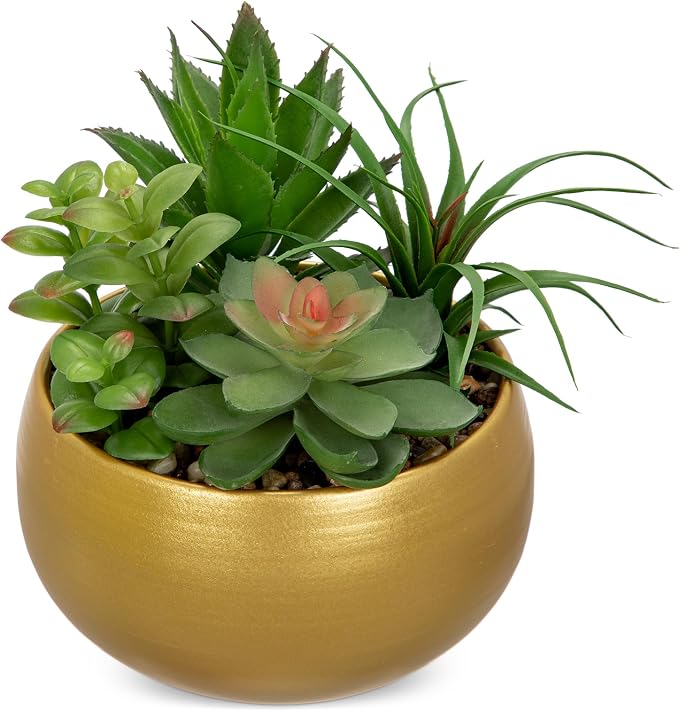 Briful Fake Succulents in Gold Metal Pot, Artificial Succulent Plants Arrangement for Home Decor, Small Faux Potted Plants Tabletop Centerpiece, Desk Office Bathroom Shelf Decorations