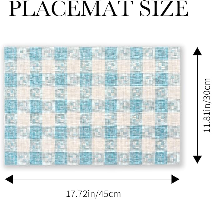 BACKTOEDEN Placemats Set of 8 Heat Resistant Washable Wipeable Placemat Woven Non-Slip Foldable Vinyl/Plastic Place Mats Indoor/Outdoor Mat Kitchen Dining Table Pad, Blue Checkered