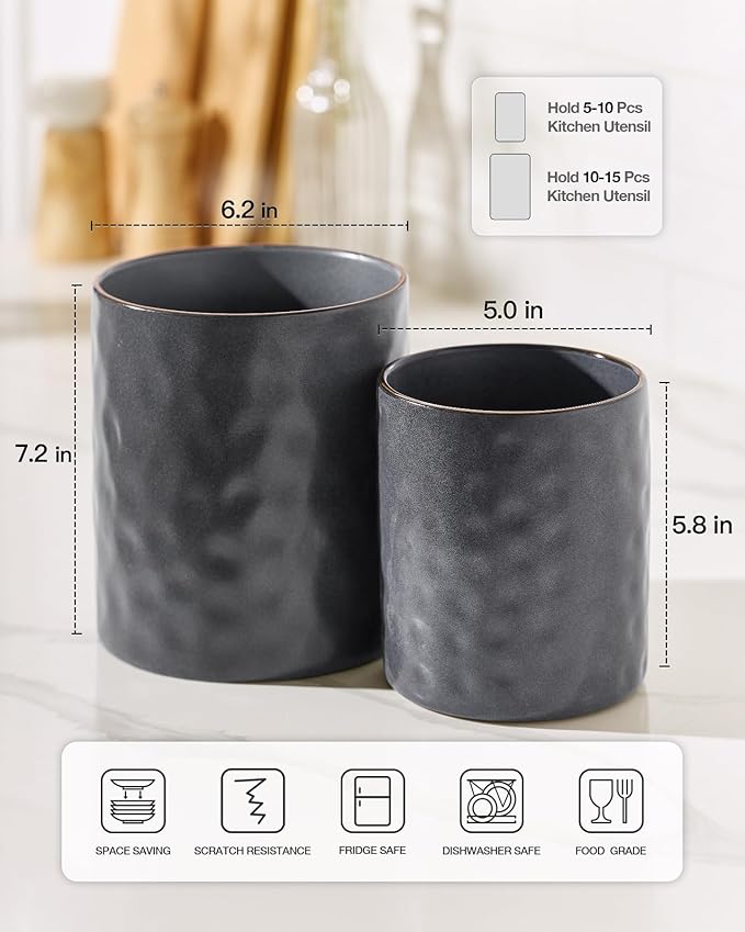 famiware Ocean Utensil Holder, 7.2"+5.8" Ceramic Kitchen Utensil Holder for Countertop, 2 Pieces Cooking Utensil Crocks, Utensil Organizer for Spatula & Spoon, Kitchen, Set of 2, Matte Dark Charcoal