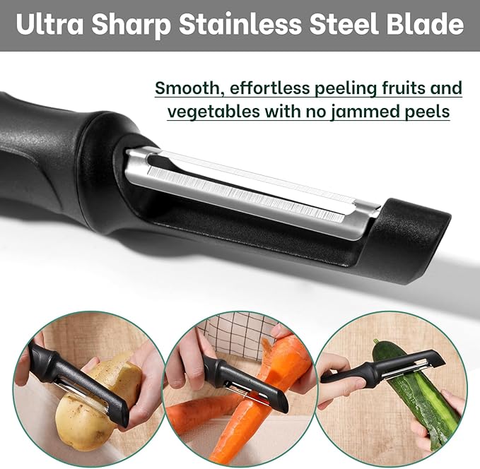 Beneno Swivel Vegetable Peeler, Razor-Sharp Smooth Peeling Potato Peelers with Stainless Steel Blades, Ergonomic Comfort Non-Slip Rubber Handle, Kitchen Peelers with Potato Eye Remover (2, Black)