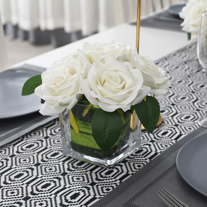 Fule Artificial Velvet Rose Flower Centerpiece Arrangement in vase for Home Wedding Decoration (Ivory)