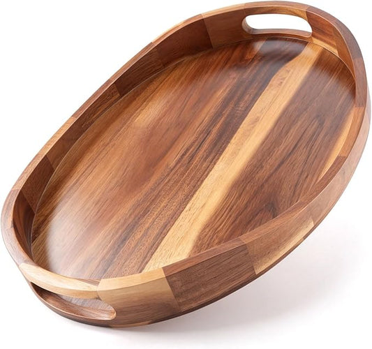 Acacia Wood Serving Tray 17"x13" Oval – Large Ottoman Tray with Handles for Coffee Table Decor, Living Room, Breakfast in Bed, Candle Display – Walnut Finish