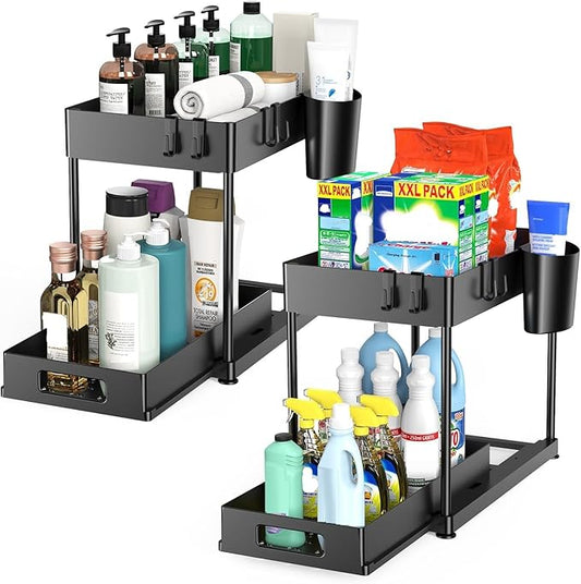 2 Pack Under Sink Organizer with Pull-Out Drawer, 2-Tier Cabinet Storage for Kitchen & Bathroom, Tool-Free Assembly, Fits Cleaning Supplies & Toiletries, Space Saving for Small Cabinets, Black