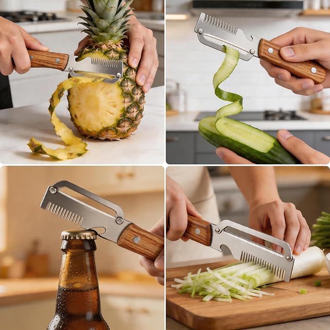 Multifunctional Vegetable Peeler, 3 in 1 Potato Peeler with Wooden Handle, Green Onion Slicer with Bottle Opener Kitchen Tool for Peeling Veggie Fruit Pineapple Pumpkin Papaya Carrrot(2 Pack)