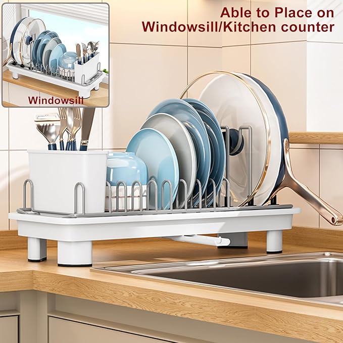 Small Dish Drying Rack for Kitchen Counter,Compact Dish Drainer with Plastic Water Tray, Space Saving Dish Rack with Removable Cutlery Holders for Small Kitchens, 6.5" W x 16.5" L (White)