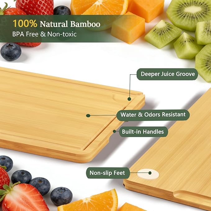 Bamboo Cutting Board Set with Holder, Wooden Chopping Boards for Kitchen Meal Prep, Compact Cutting Boards for Small Kitchen, Apartment and Daily Cooking