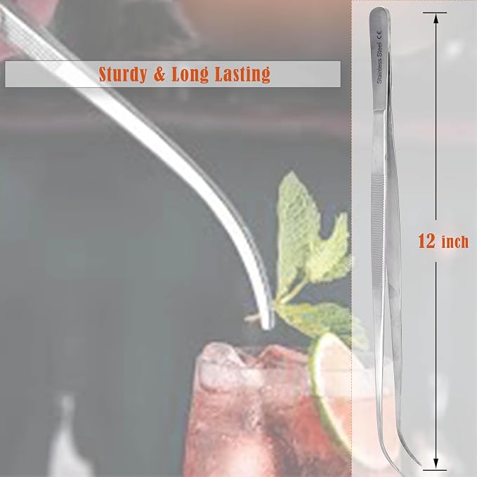 Professional Culinary Stainless Steel Precision Tongs With Serrated Tips - 12 Inch Curved Plating/Food Presentation Detailing Serving Tweezer - Chef's Kitchen Ultra Non-Slip Grip