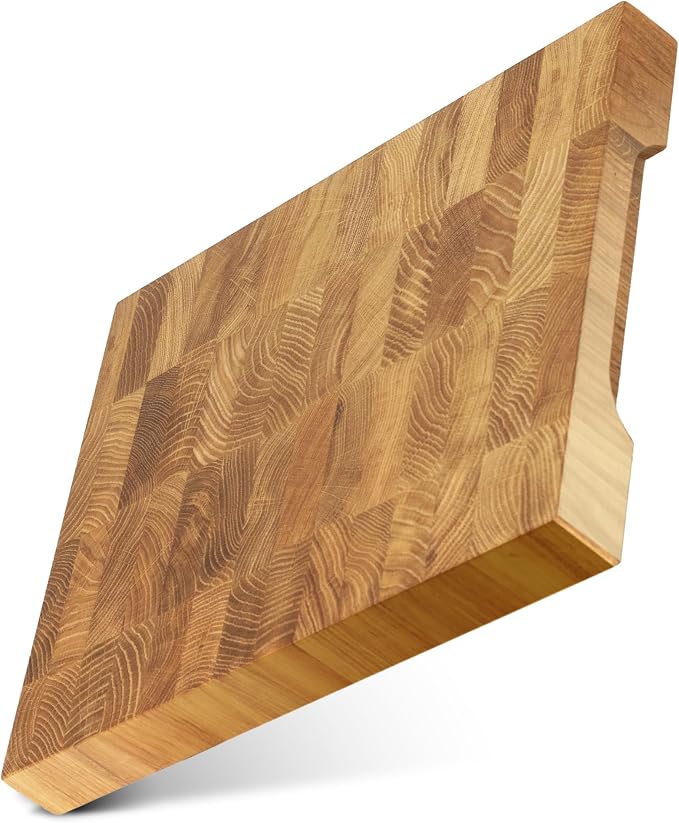 End Grain 12"x10" European Oak Wood Cutting Board with Non-Slip Feet & Handles, Charcuterie Board, Knife-Friendly, Serving Cutting Board for Kitchen