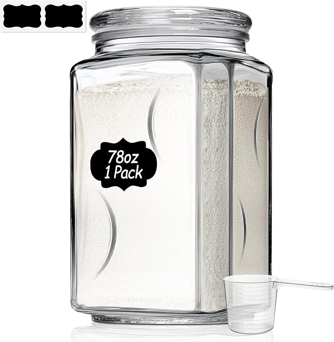 ComSaf 78 oz (2400ml) Square Glass Food Storage Jar with Airtight Lid, Wide Mouth Large Pantry Container for Flour, Sugar, Cereal, Dishwasher Safe, Modern Minimalist Design