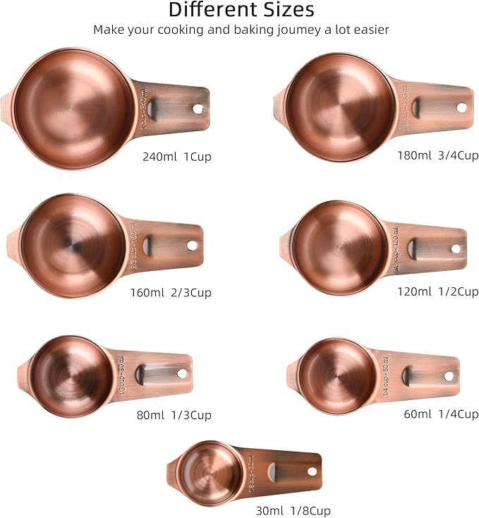 Copper Measuring Cups Set 7, Metric & US Stainless Steel Measuring Cups for Kitchen & Baking, Metal Measure Cups for Dry & Liquid, Nesting Measuring Cup Set with 1/8 2/3 & 3/4 Cups