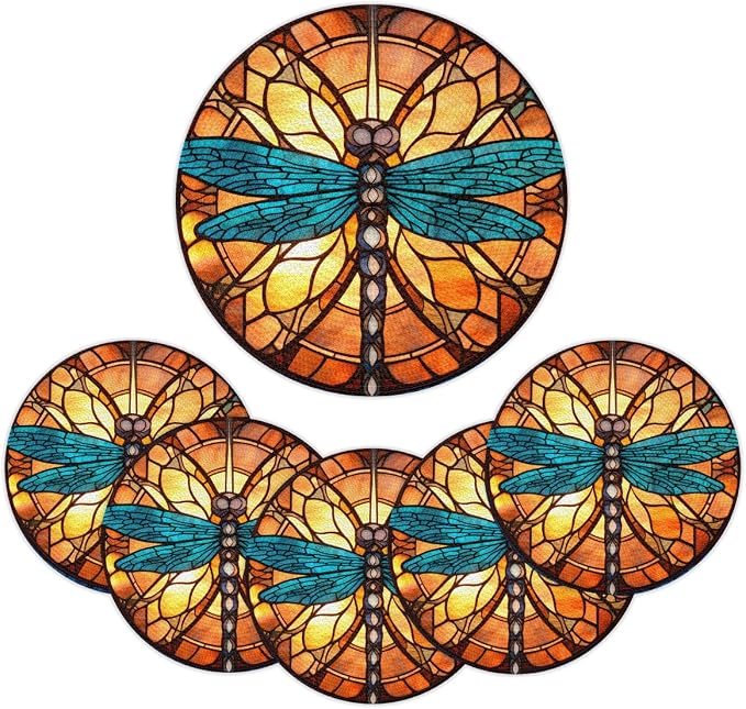 Round Placemats Set of 6, Dragonfly Glass Background Woven Placemats Mats Non-Slip Heat Resistant Washable Table Mats Round Braided Place for Farmhouse Kitchen Dining Party Decor 15in