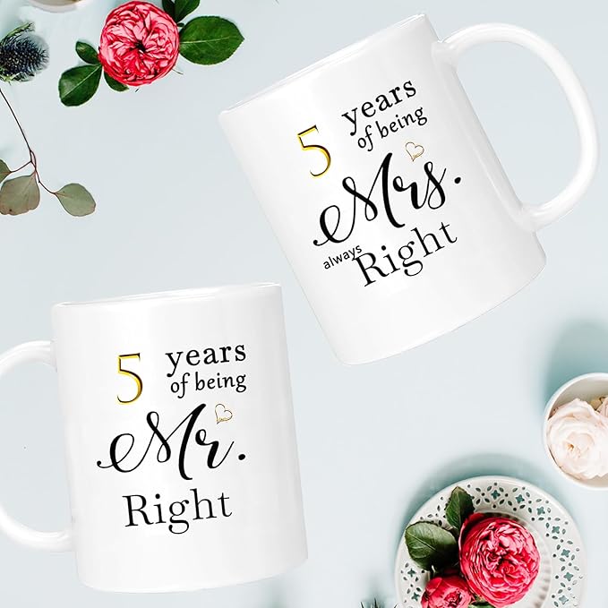 5th Anniversary Coffee Mugs Set of 2, 5 Year Anniversary Wedding Gifts Decorations for Couple Parents Men Women Husband Wife Him Her, Gift Box Packaging, 11oz
