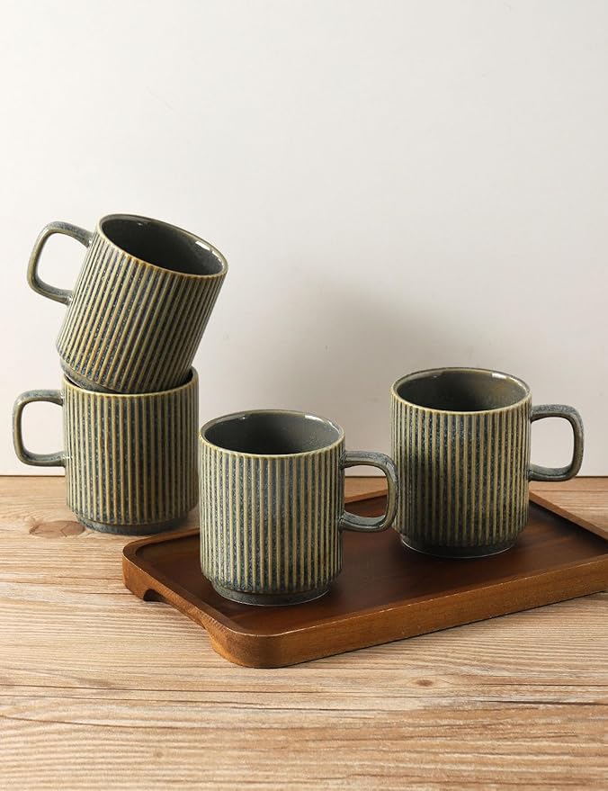 Coffee Mugs Set of 4, Ceramic Ribbed Tea Coffee Cups with Handle, Large Porcelain Mug for Americano, Latte, Cappuccino, Hot Chocolate, Green